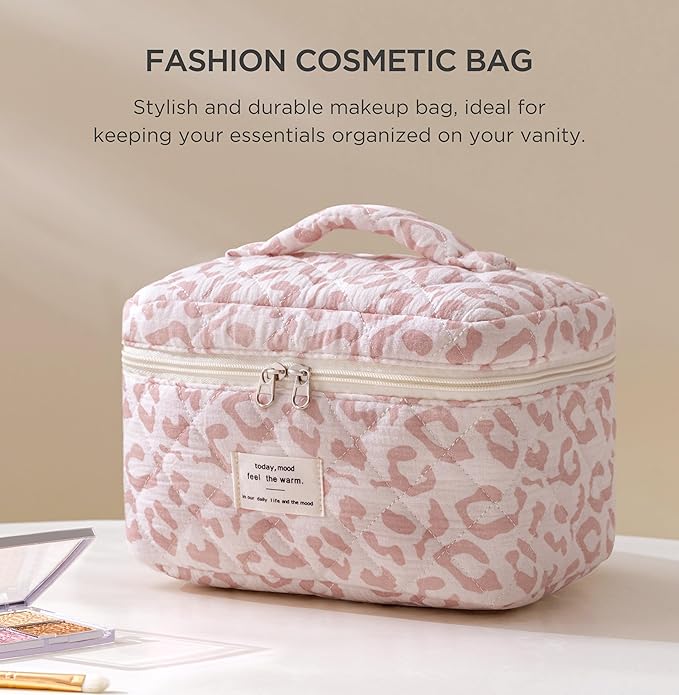 HBselect Christmas Gifts Large Quilted Makeup Bag, Cute Cotton Travel Makeup Bag with Handle, Portable Coquette Floral Make up Bags, Toiletry Organizer Make up Bags for Women Teen Girls Mom