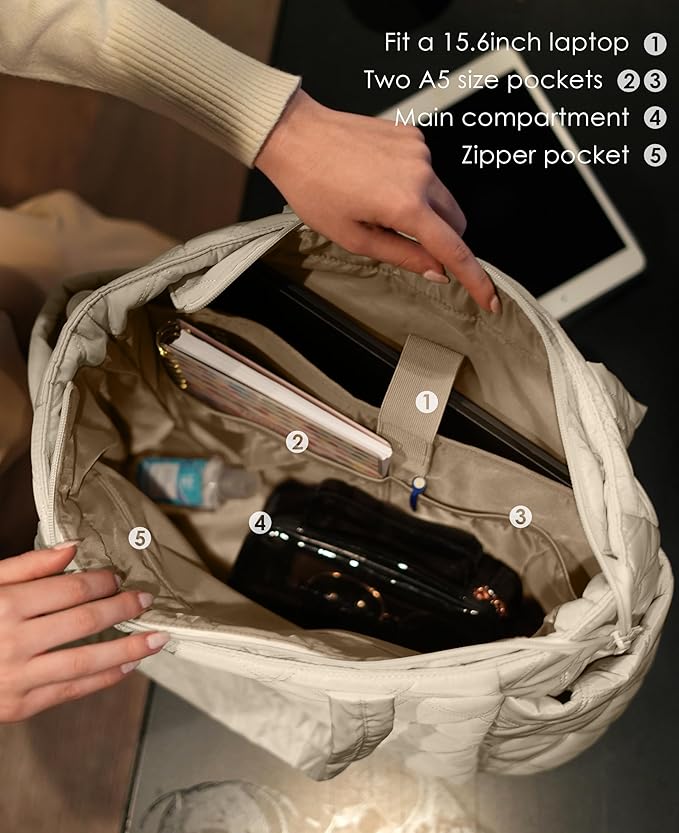 Uselike Tote Bag for Women, Lightweight Puffer Tote Work Bags with Compartments for Travel, Quilted Shoulder Bag with Zipper