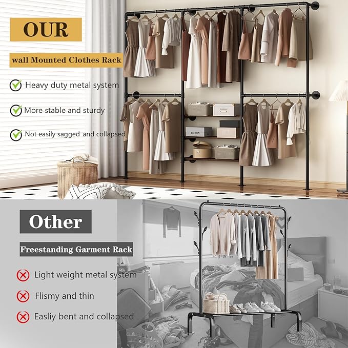 KAILNKISS Industrial Pipe Clothing Rack, Wall Mounted Clothes Rack, Heavy Duty Closet Organizers Wardrobe Multi-Purpose Storage Clothes Hanging Shelf-94.5''L Black