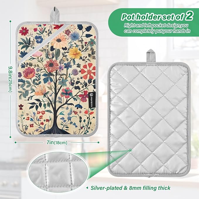 Pot Holders Set of 2 Flowers Pattern Hot Pads for Kitchen Heat Resistant Potholders Sets for Kitchen and Baking 7x9.8in