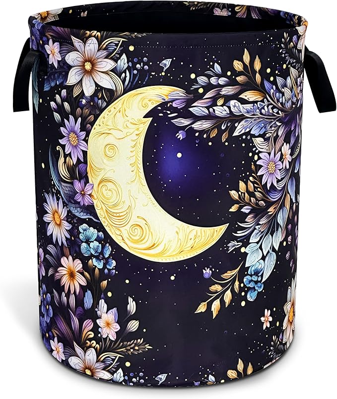 Moon Floral Laundry Basket Oxford Cloth Night Flowers Laundry Hamper With Handle Foldable Portable Clothes Storage Basket 18.9 X 16.5 In Storage Bag For Laundry Room/Bathroom/Bedroom