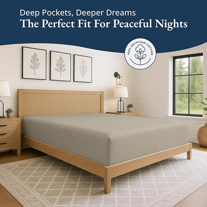 Lane Linen 100% Egyptian Cotton King Size Fitted Sheet Only (79"x81" + 16") - Elegant Sateen Weave, Ultra Soft, Breathable, Highly Durable, Deep Pockets Upto 17" - Swiss Dot Linen