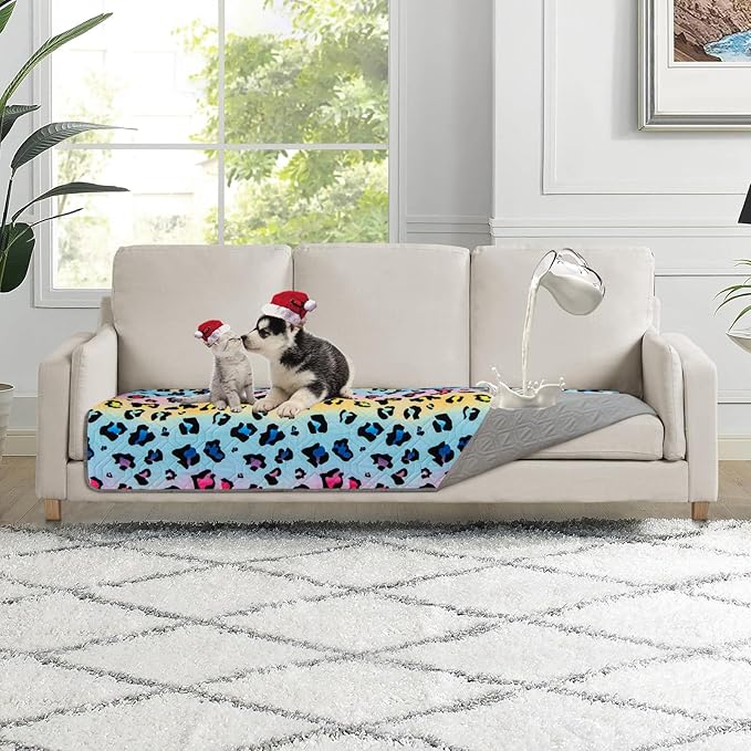 Topthumbs Waterproof Dog Bed Cover 30x70inch Reversible Pad Reusable Camping Mat for Kids/Pet/Dog/Cat Washable Geometric Embroidery Blanket Patchwork Rainbow Leopard Printed+Gray