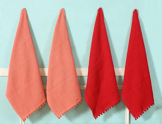 ACCENTHOME 100% Cotton Waffle Weave Kitchen Towel Set of 4 Super Soft Absorbent Christmas Tea Towels Durable Cleaning Dish Cloths for Mess & Quick Drying Dishes Rags 18x26 inches in Red & Coral Color