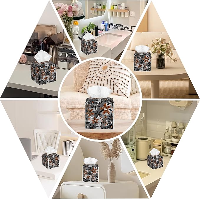Dark Style Leather Tissue Box Holder Striped Flowers Branches Tissue Box Cover Facial Paper Case Organizer Cube Napkin Dispenser for Bathroom Vanity Countertop Night Stand Office Car