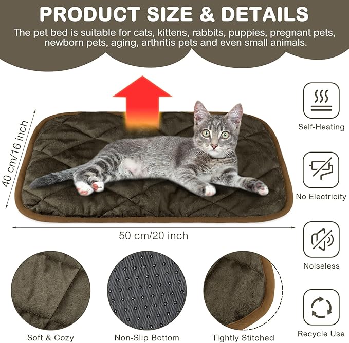 Clysee 2 Pack Self Heating Cat Mat Self Warming Pet Pads Washable Kennel Mat Dog Crate Pad Reflects Body Heat Non Skid Cat Thermal Pads for Puppy Indoor Outdoor(Brown,16 x 20 Inches)