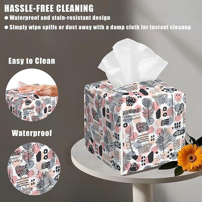 Boho Vintage Leather Tissue Box Holder Abstract Plant Leaves Tissue Box Cover Facial Paper Case Organizer Cube Napkin Dispenser for Bathroom Vanity Countertop Night Stand Office Car