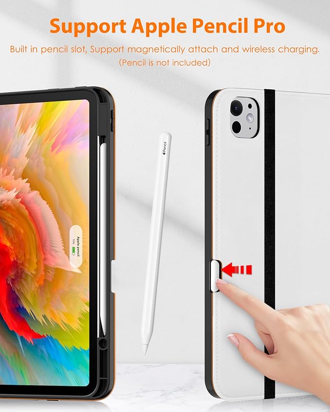 DTTO for iPad Pro 13 inch Case (M4) 2024, Premium Leather Business Folio Stand Cover with Pencil Holder - Auto Wake/Sleep and Multiple Viewing Angles, Built in Hand Strap & Pocket, White
