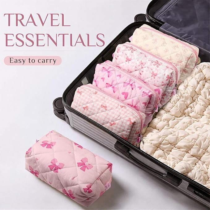 Paterr 10 Pcs Quilted Makeup Bag Bulk Cotton Floral Cosmetic Bag Women Girls Bridesmaid Gifts Cute Makeup Pouch Coquette Aesthetic Travel Toiletry Organizer(Pink Bow,6.30 x 3.94 Inches)