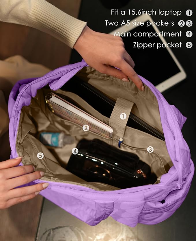 Uselike Tote Bag for Women, Lightweight Puffer Tote Work Bags with Compartments for Travel, Quilted Shoulder Bag with Zipper