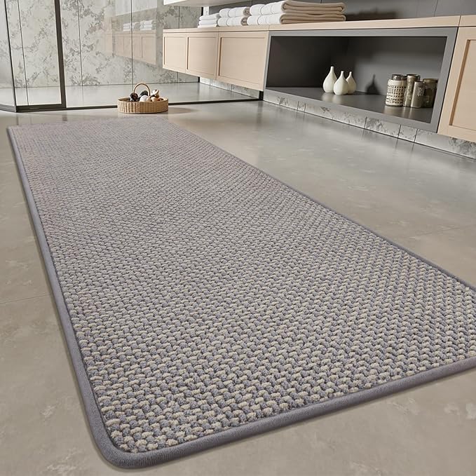 PADOOR-Bath Mat Runner-Super Absorbent Chenille Bathroom Mats-Rubber Backed Bath Mats for Bathroom Non Slip, Easy Clean Bathroom Runner Rugs Front of Bathtub,Shower Room,Sink-17×59, Grey&Beige