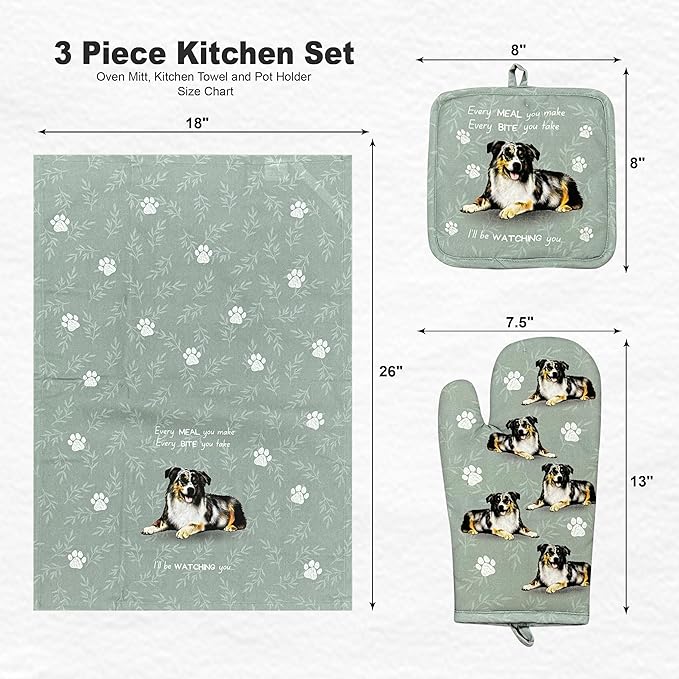 Australian Shepherd 3-Piece Kitchen Set - Oven Mitt, Pot Holder & Kitchen Towel Set, Heat Resistant up to 420 F, Soft Quilted Cotton for Cooking, Baking, BBQ, Pet Lover Gifts (Australian Shepherd)