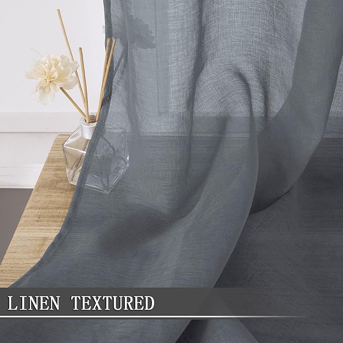 Tollpiz Short Sheer Curtain Linen Textured Living Room Curtains Sheer Light Filtering Rod Pocket Voile Curtain for Bedroom, 42 x 54 inches Long, Dark Grey, Set of 2 Panels