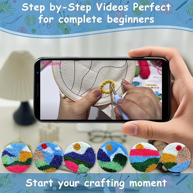 Rivnsong Punch Needle Kit for Beginners – Make 6 Nature-Inspired Coasters with Hoop, Premium Monk’s Cloth & 10+ Yarn Colors | Includes Video Tutorial | Relaxing DIY Gift for Adults & Kids 8+