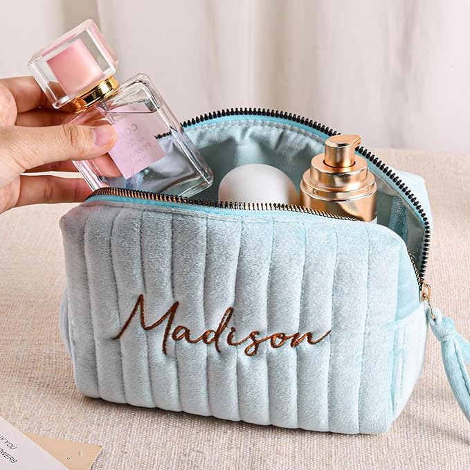 MYDREAMY Personalized Velvet Makeup Bag with Name, Custom Embroidered Cosmetic Bags for Women Girls, Initial Quilted Makeup Bag,Travel Toiletry Pouch, Gifts for Bride Bridesmaid, Birthday, Wedding