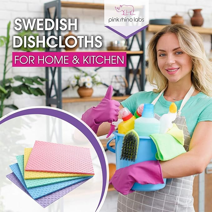 PINK RHINO LABS Swedish Dishcloths – Eco-Friendly Reusable Kitchen Towels – 10 Pack Cleaning Cloths for Dishes, Counters & Surfaces – Super Absorbent, Compostable, Zero-Waste Alternative -