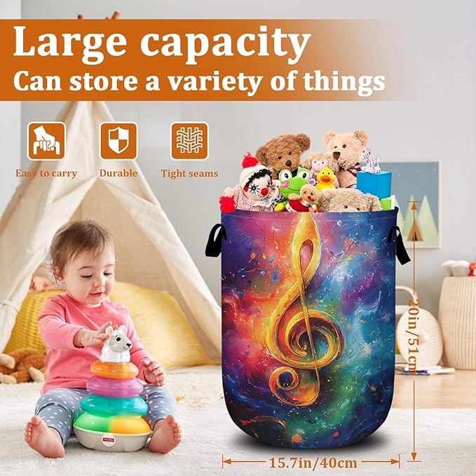 Watercolor Music Note Laundry Basket with Sturdy Handles, Collapsible Oxford Cloth Laundry Hamper Organizer Basket for Bathroom Bedroom 15.7x20 Inch