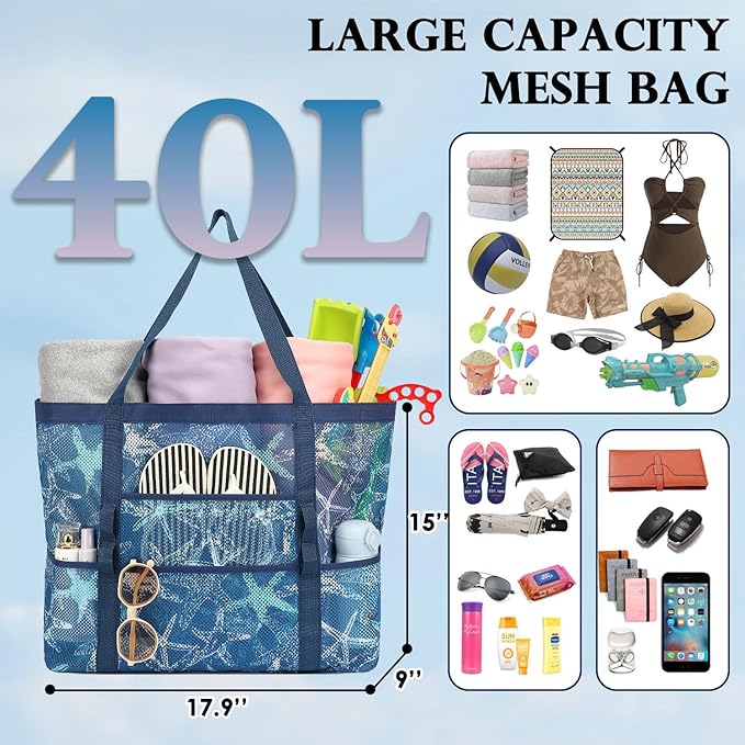 Fammart Mesh Beach Bag, Large Beach Tote with Zipper Pocket for Family Pool Bag for Toys & Vacation Essentials