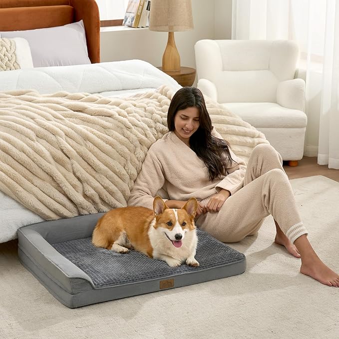 COZY KISS Orthopedic Dog Bed for Large Medium Size Dog, Dogs Crate Bed, L Shaped Foam Anti-Slip Bottom Pet Cat Sofa with Washable Removable Cover, Suitable for Pet Up to 75 lbs, 36x27x6.5 inch, Grey