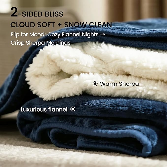 gogobunny Waterproof Bed Blanket, Reversible Sherpa Fleece Throw Blanket for Dog Puppy Cat, Furniture Cover Protects Bed Couch Sofa from Liquid Pee and Pet Fur (Navy Blue, 90x108 inches)