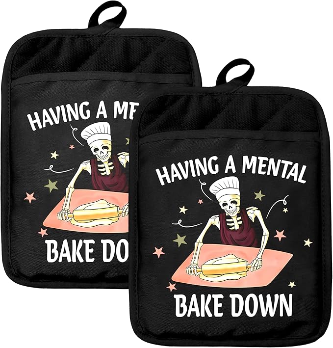 Gothic Skeleton Oven Mitts Set, Funny Baking Gifts for Women, Funny Goth Heat Resistant Kitchen Oven Gloves for Baking and Cooking,Pot Holders