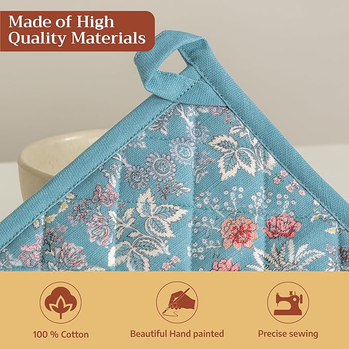 Maison d' Hermine Pot Holders Set 100% Cotton Heat Resistant Potholders 8" x 8" Hot Pads with Loop BBQ, Cooking, Baking, Grilling, Kitchen, Handling Hot Pans Spring/Summer (Pack of 2, Marquise)