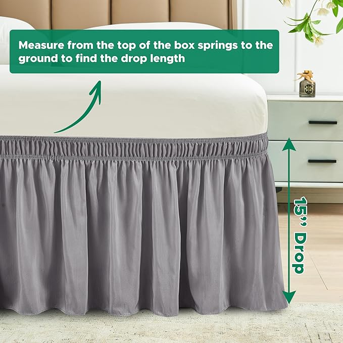 Biscaynebay Wrap Around Bed Skirts for King & Cal King Beds 15" Drop, Silver Grey Adjustable Elastic Dust Ruffles Easy Fit Wrinkle & Fade Resistant Silky Luxurious Fabric Machine Washable