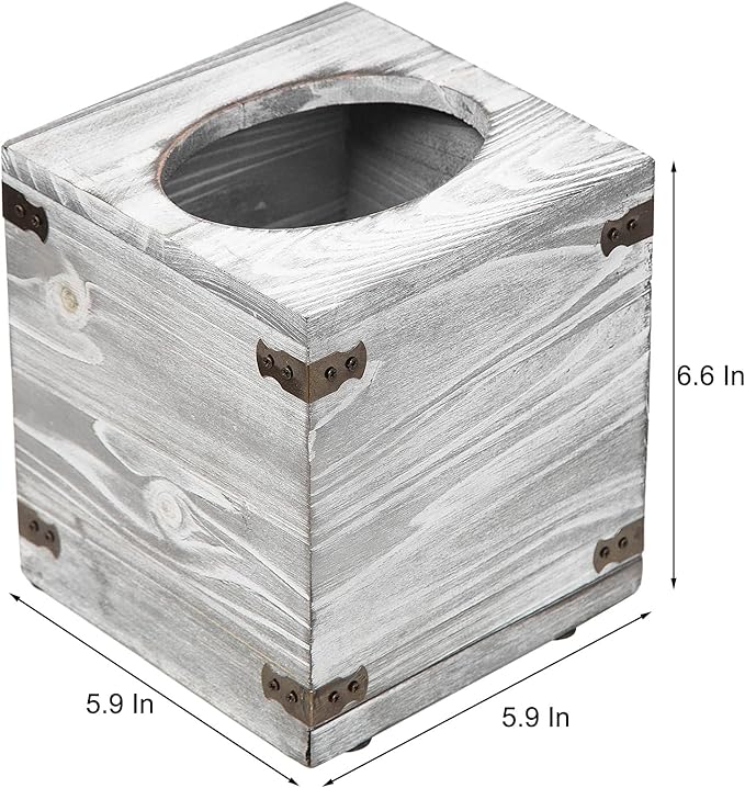 Distressed Farmhouse Square Solid Wood Tissue Box Cover with Slide-Out Bottom Panel Honey Brown Tissue Box Holder for Bathroom Living Room Dining Room Bedroom Toilet (White Grayish)