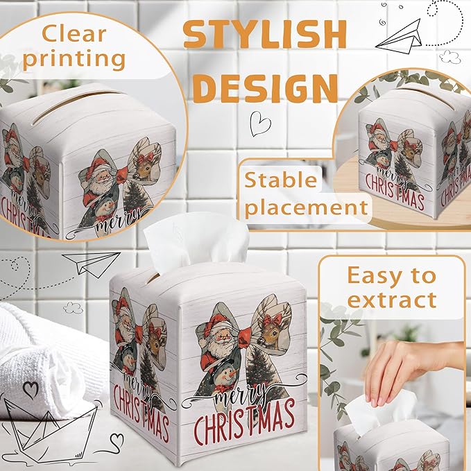 Merry Christmas Tissue Box Holder, Santa Claus Bow Reindeer Snowman Leather Tissue Box Cover Square, Paper Facial Decorative Tissues Cover for Bathroom Kitchen Office Home Decor-B26