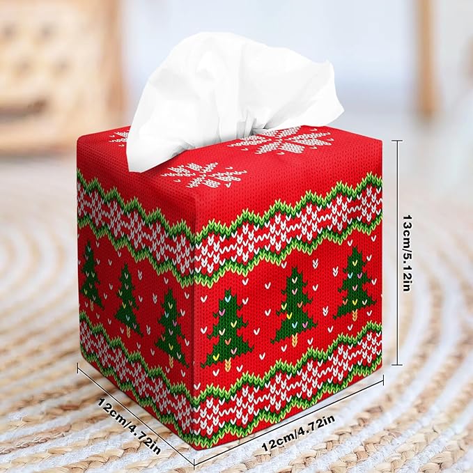 IRADA Tissue Box Cover Square Decorative Tissue Box Holder Cute Funny Cube Tissue Case Cover-Xmas Decor Red Tree Tissue Box Cover