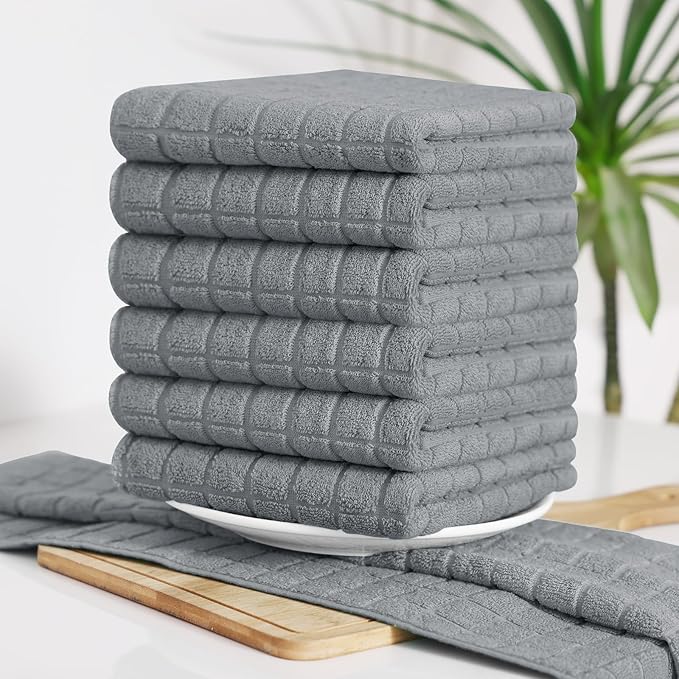 Homaxy Premium Cotton Kitchen Towels 16"x 28", Large Natural Ring Spun 390 GSM Dish Towels, Super Absorbent Terry Kitchen Hand Towels, Soft Tea Towels with Hanging Loop, Pure Grey Design, 8 Pack