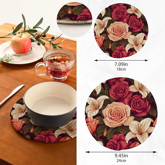 Roses and Lily Flowers Bushes Trivets for Hot Dishes Pots and Pans Potholders Woven Trivet Cotton Round Large Pot Holder Decor Heat Resistant Hot Pads Mat for Table Counter Cooking Potholder Se