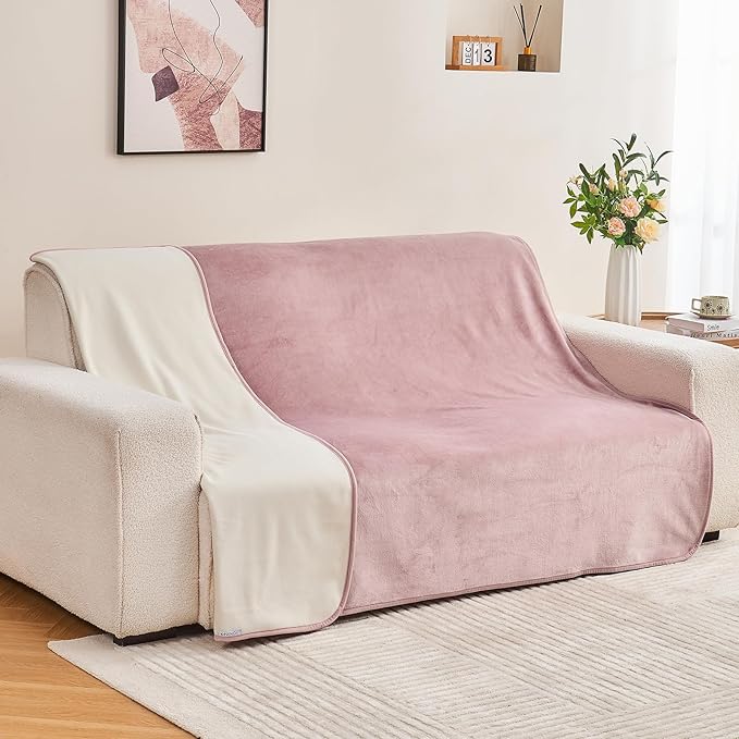 Yaning Waterproof Blanket 80"x90" for Adults, Reversible Waterproof Bed Cover for Dogs Cats Pets, Soft Leakproof Blanket for Bed Couch Sofa Furniture Protector, Dusty Pink/Off White