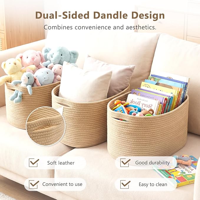 ECDYQXVU Cotton Rope Storage Basket, 15x10x9 Inches, Woven Basket for Shelves, Clothes, Towels, Books, and Laundry, Jute Brown (3 Pack)
