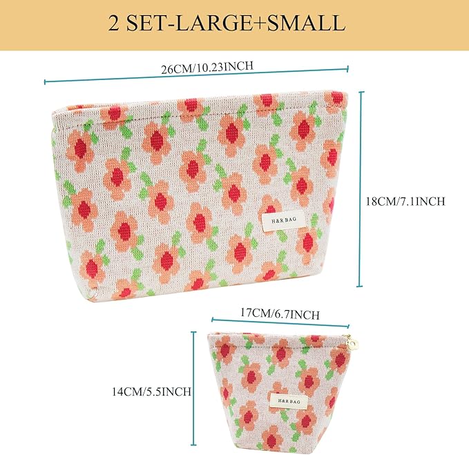 getgto 2 Pcs Makeup Bags, Large Cosmetic Bag Travel Toiletry Bag Organizer for Women, Embroidery Craft, Floral Makeup Bag Small Cosmetic Pouch Purse with Zipper Gifts for Girls Teen