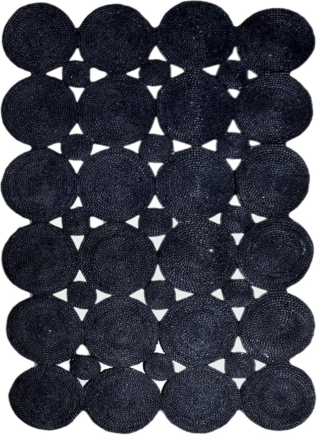 Scalloped Edge Rug, Hand Woven Natural Jute Area Rug, 9x9 Ft Square Black Braided Kilim Rugs for Living Room, Kitchen, Entryway, Farmhouse