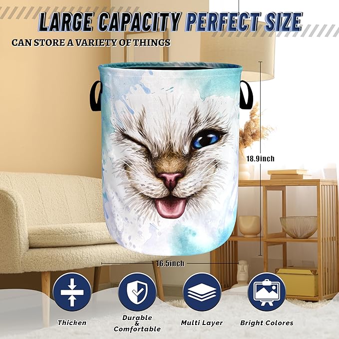 Cute Cat Laundry Hamper Foldable Oxford Cloth Funny Animal Cats Laundry Basket With Handle Portable Clothes Storage Basket Laundry Bag 18.9"x16.5" For Laundry Room/Bedroom/Bathrooms