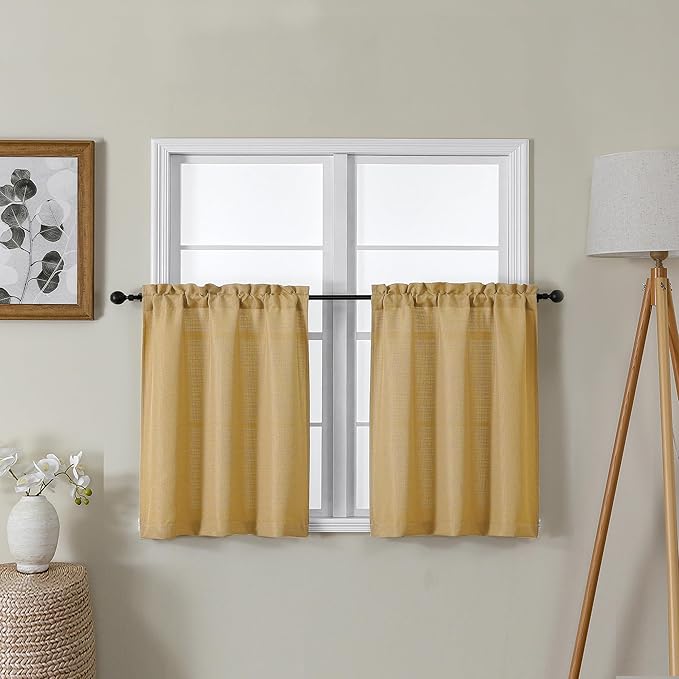 Lecloud Bessie Gold Short Curtains 24 Inch Length 2 Pcs, Faux Linen Cafe Kitchen Small Curtains with Rod Pocket, Light Filtering Curtain Tiers Window Treatments for Bedroom Bathroom, Each 30 W x 24 L