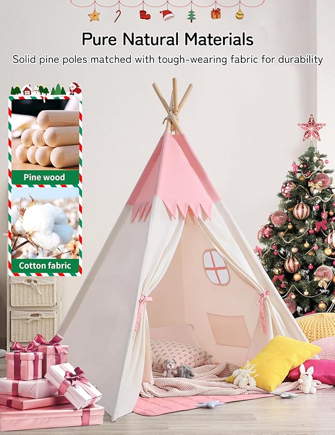 Teepee Tent for Kids Indoor,Kids Play Tent, Toddler Teepee Girls Boys, Baby Teepee, Children Room, Reading Tp,Canvas Playhouse with Lights and Mat (Peachy-Pink, Padded mat)