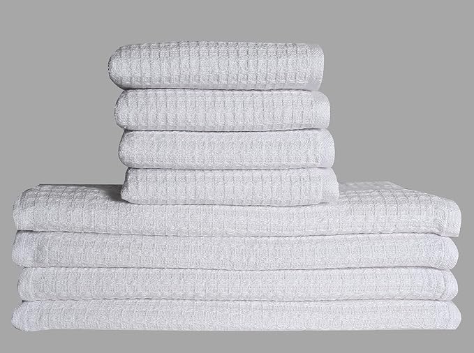 Candy Cottons Kitchen Dish Wash Cloths Waffle Terry Design DishCloths12x12 in Pk of 4 & Dish Towels 13x28 in Pk of 4|Cotton Dish Rags for Drying Dishes|Counter Top |Spring Easter Basket Decor|White