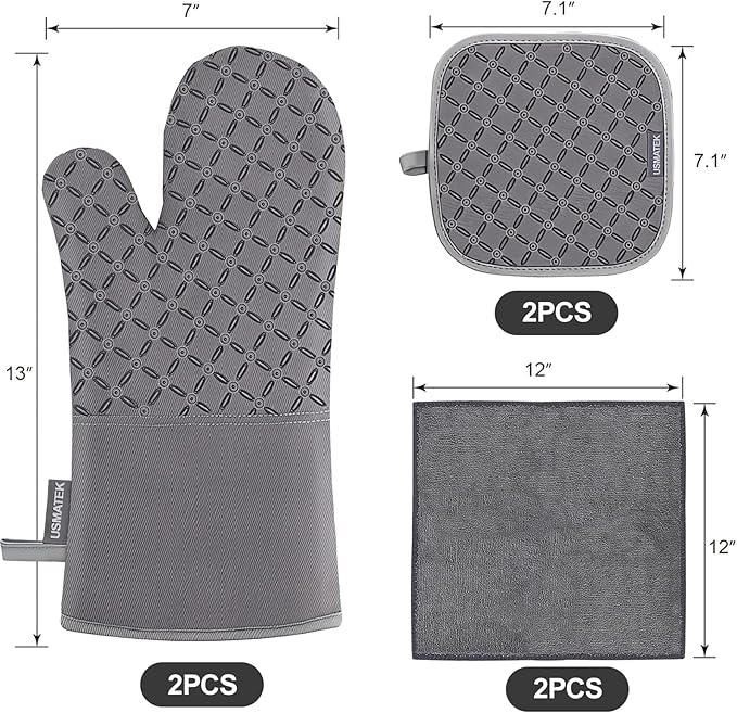 Oven Mitts and Pot Holders Set – 6 PCS Heat Resistant to 500°F, Extra Long Silicone Oven Gloves & Potholders with Non-Slip Grip, Quilted Cotton Lining, Washable, for Cooking, Baking, BBQ (Grey)