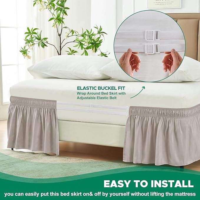 Biscaynebay Wrap Around Bed Skirts for King & Cal King Beds 15" Drop, Camel Grey Adjustable Elastic Dust Ruffles Easy Fit Wrinkle & Fade Resistant Silky Luxurious Fabric Machine Washable
