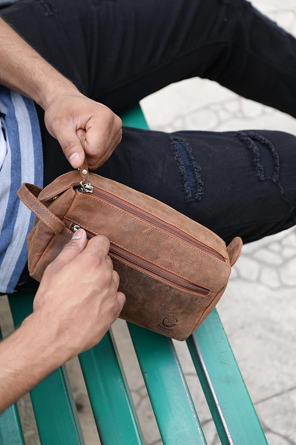 Rustic Town Leather Wash Bag for Men - Travel Toiletry Bag - Shaving Dopp Kit Toiletries Organizer - Leather Makeup Bag for Women