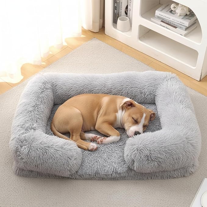 CareCooo Orthopedic Dog Bed for Large Dogs - Washable Memory Foam Pet Sofa, Fluffy Plush Rectangular Bed, Waterproof Anti-Anxiety Couch, Light Gray, L