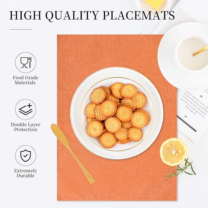 Placemats Set of 6 Linen Type Fabric Cloth Placemats, 19 x 13 Inch Double Layered Thick Wrinkle Free Heat Resistant Table Place, for Dining, Kitchen, Party (Orange, 48 * 33cm)