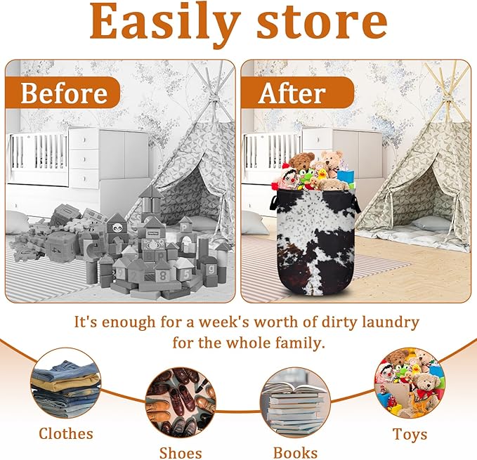 Nature Cow Print Laundry Basket with Sturdy Handles, Cow Skin Collapsible Oxford Cloth Laundry Hamper Organizer Basket for Bathroom Bedroom 15.7x20 Inch