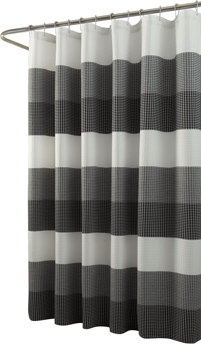 Dainty Home | Black Ombre Waffle Weave Shower Curtain - 70" x 72" - Water Resistant Polyester Blend Fabric Shower Curtain - The Best Gradient Design Washable Waffle Shower Curtain