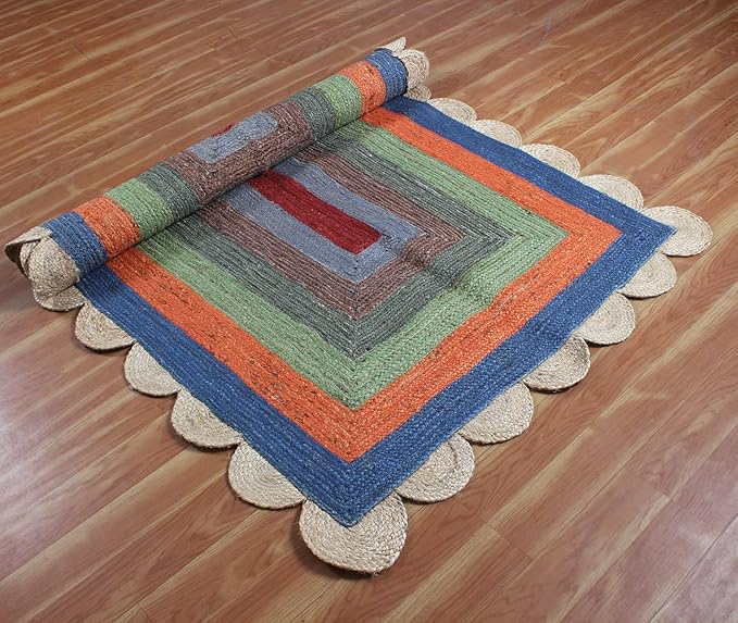 Scalloped Edge Rug, Hand Woven Natural Jute Area Rug, 3x3 Ft Square Beige & Multicolor Braided Kilim Rugs for Living Room, Kitchen, Entryway, Farmhouse