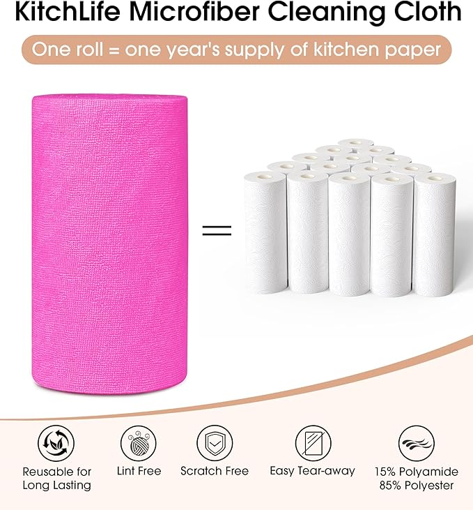 KitchLife Microfiber Cleaning Cloth Roll, 100 Pack - Tear-Away Microfiber Paper Towels, Lint-Free, Reusable, Washable for Kitchen, Car, Dishes, and Sensitive Surfaces (Hot Pink)