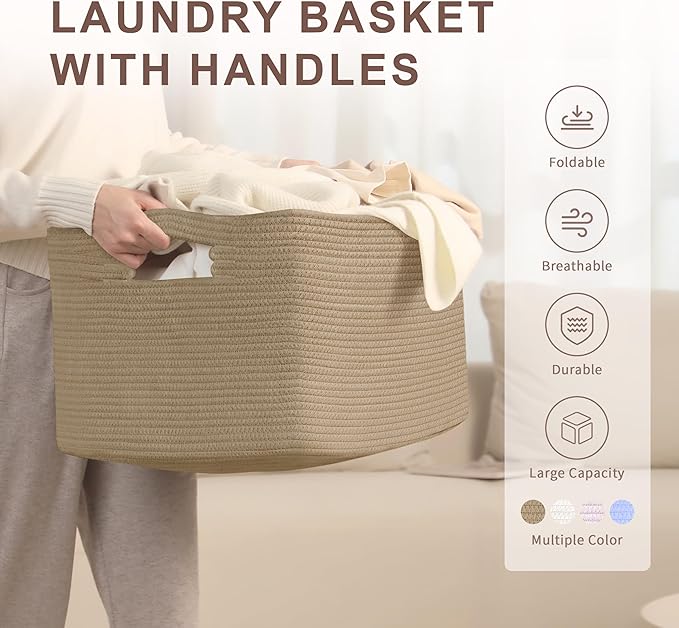 SunNewt 72L Large Wicker Laundry Basket for Living Room Storage,Boho Woven Cotton Rope Baskets for Kids Toy,Gifts,Square Blanket Hamper for Bedroom Dirty Clothes,Jute